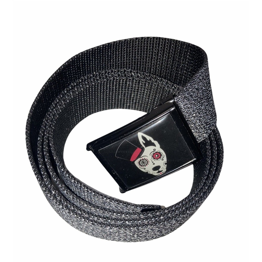Buildabelt Sugar Skull Dog Head Flip Top Buckle Belt Canvas Web Silver/black 51"